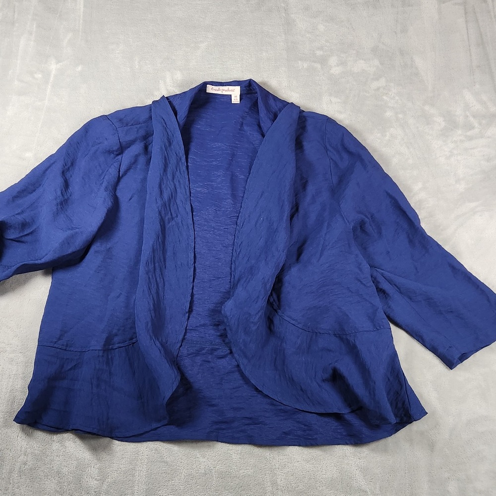 Fresh Produce Boho Peri Blue Open Front Peplum Top 3/4 Sleeve Rayon M